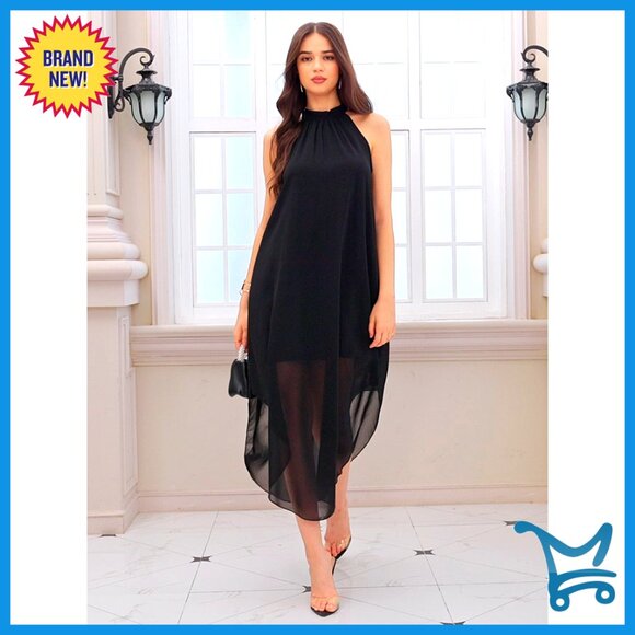 Halter Formal Wedding Guest Dress Flowy Sleeveless Asymmetrical Long Elegant - Picture 7 of 7